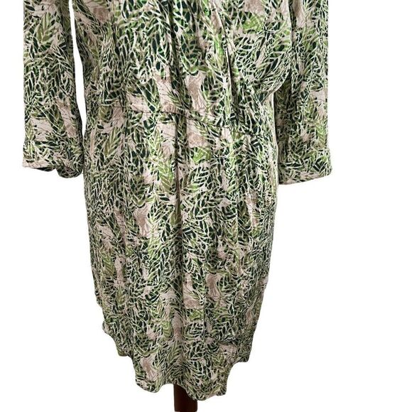 CAbi Style 280 Green + Tan Leaf Print Faux Wrap Dress w/ Collar Small - Picture 2 of 9